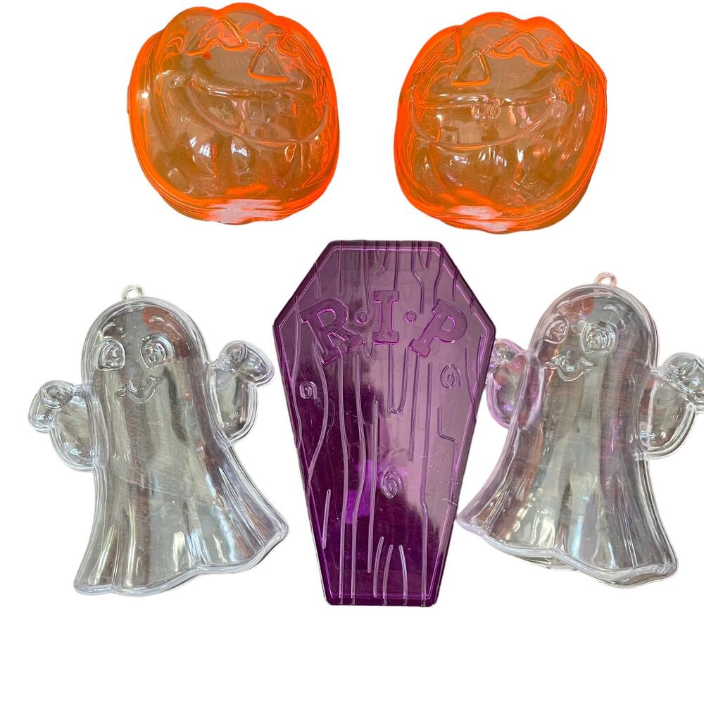 Halloween Plastic Candy Containers Lot of 5 Vintage Pumpkin Ghost Coffin Figural
